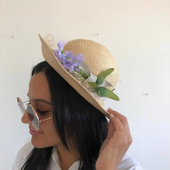 Vintage Floral Hat with Veil - Betmar New York - Tan Hat with Purple Flowers main image 4